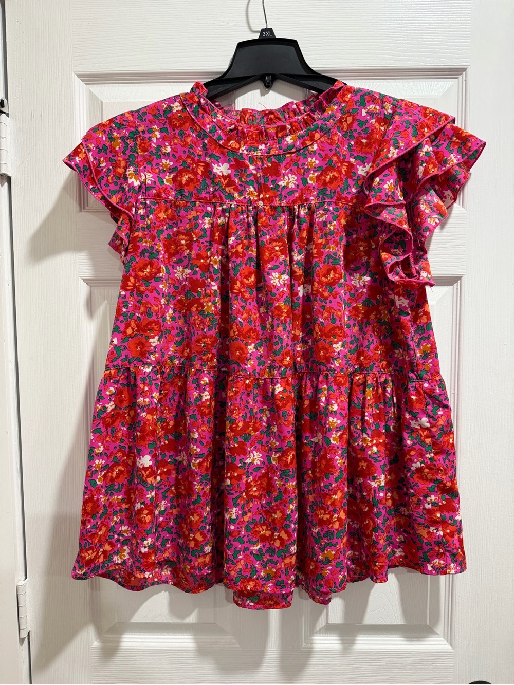 Chic Soul Pink Red Floral Ruffle Sleeve Blouse